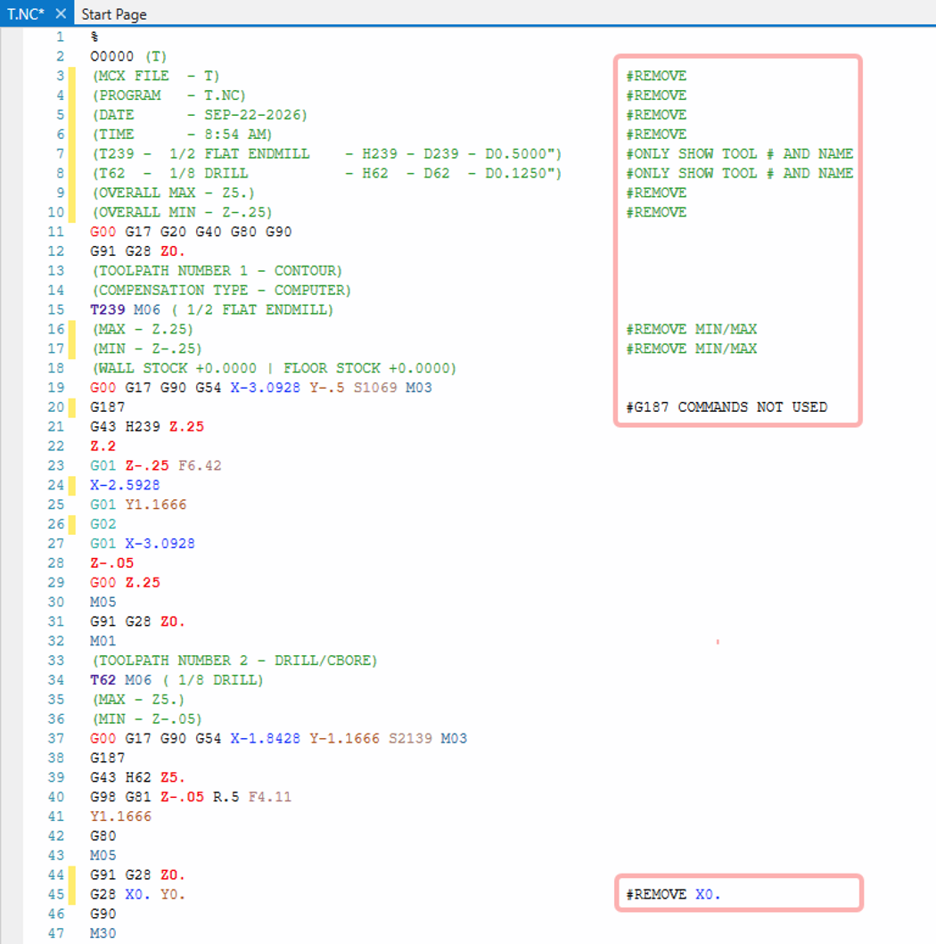 Example of a post edit request showing NC code changes