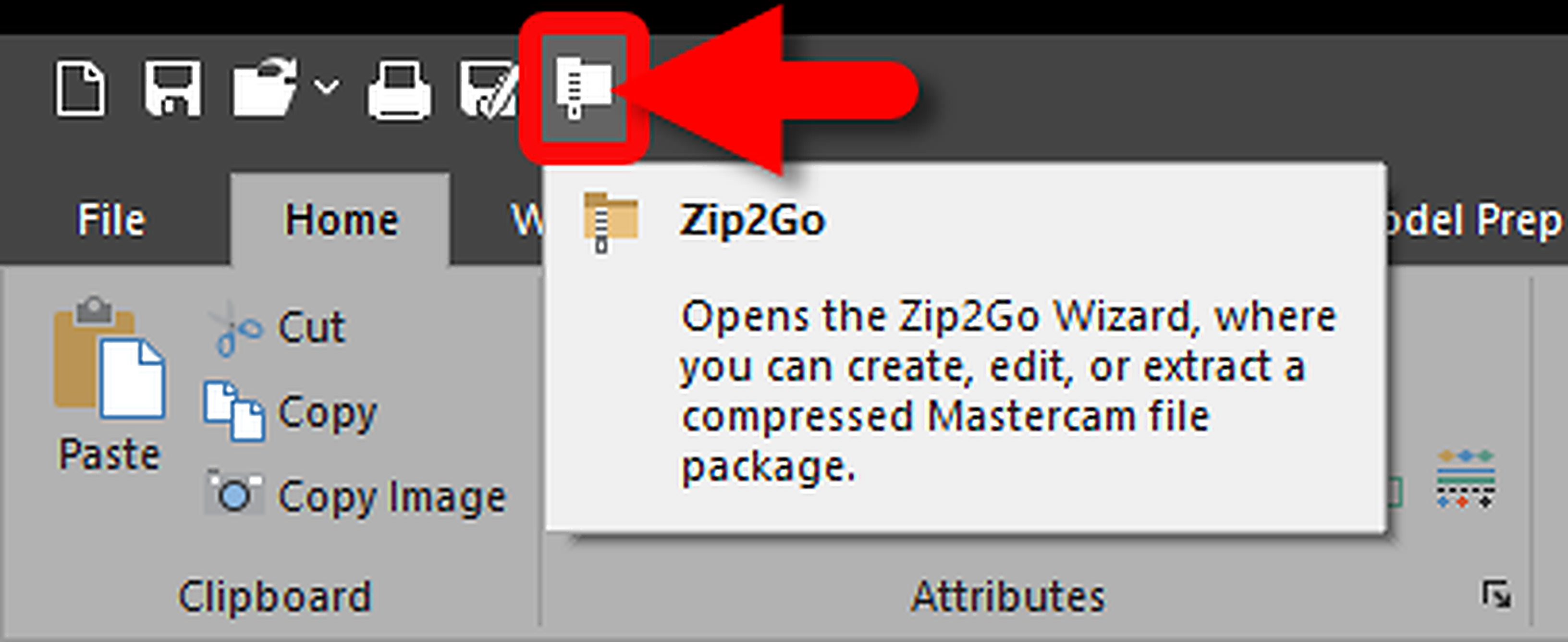 Select Zip2Go from the Quick Access Toolbar