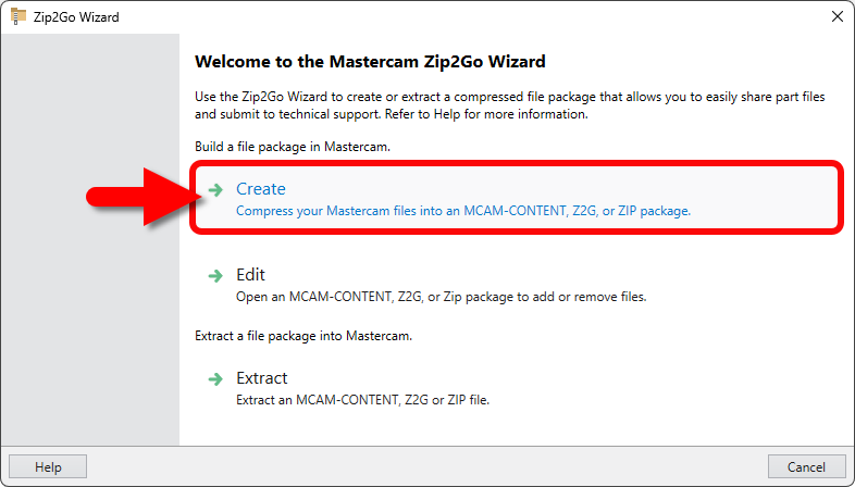 Select Create in the Zip2Go Wizard