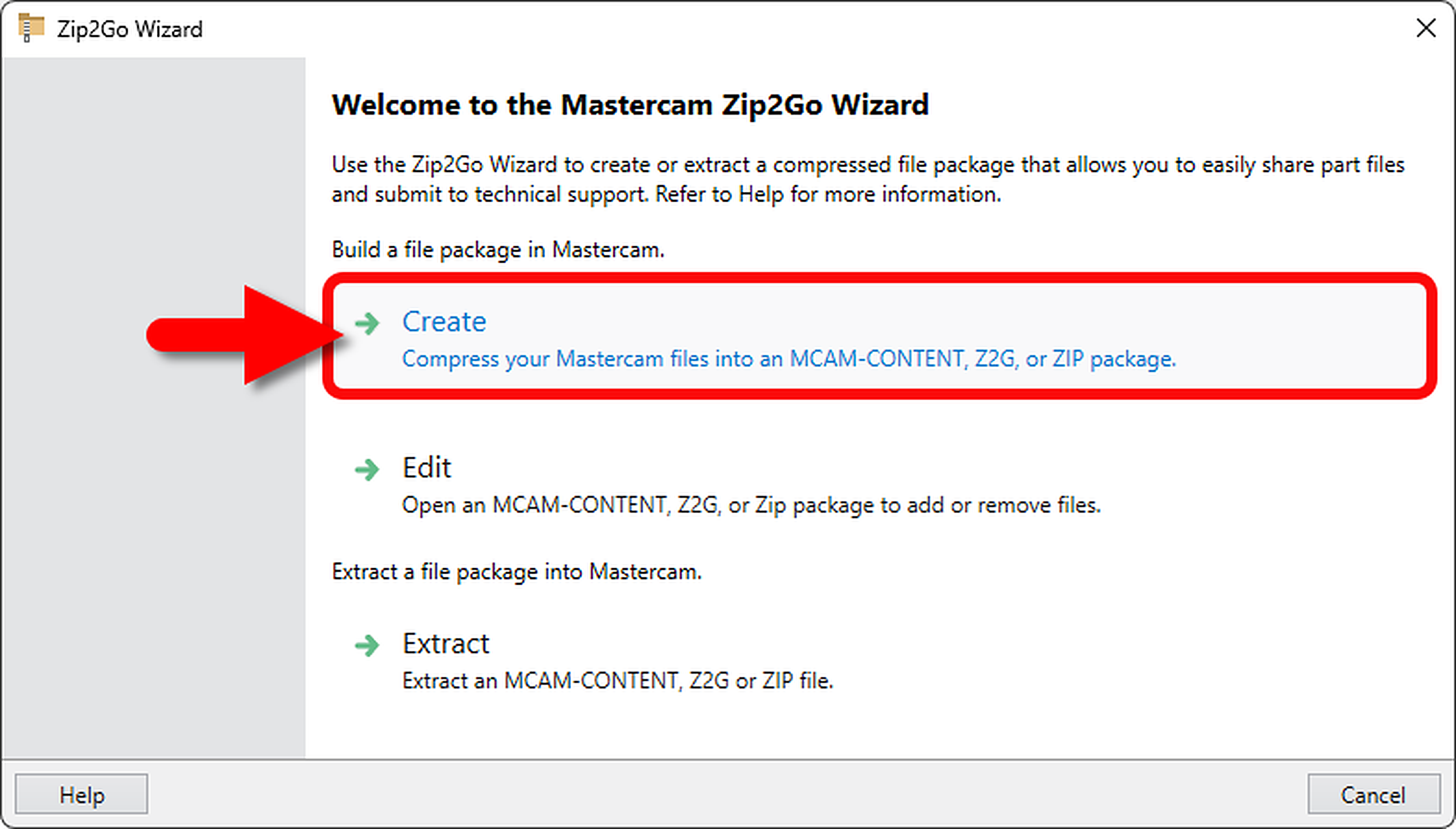 Select Create in the Zip2Go Wizard