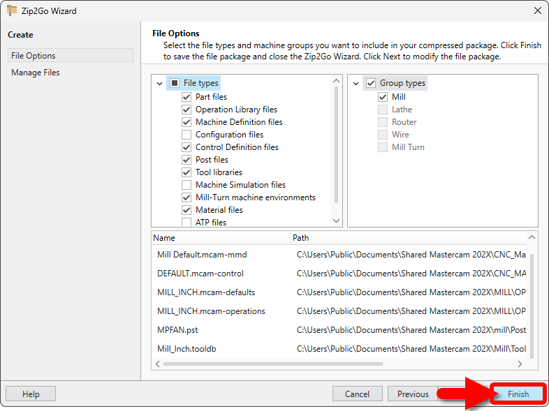 Select Finish in the Zip2Go Wizard