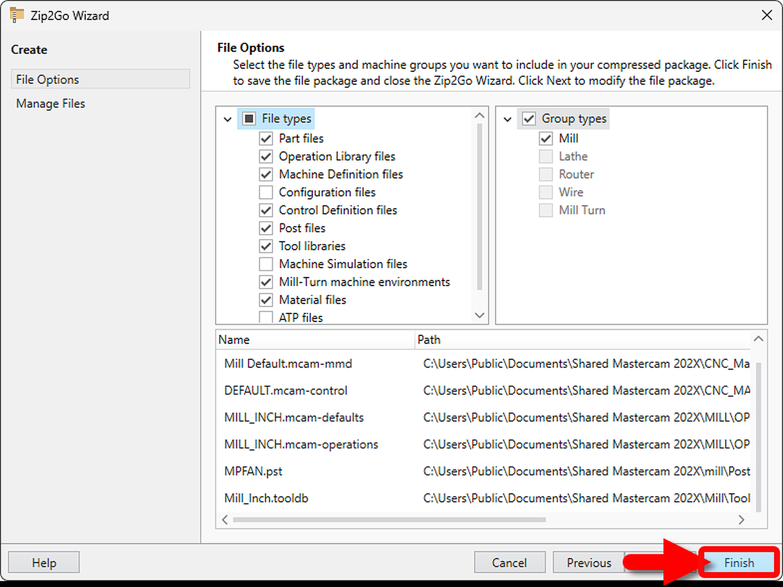 Select Finish in the Zip2Go Wizard