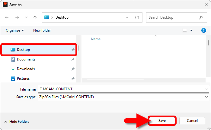 Save the MCAM-CONTENT file to a familiar location