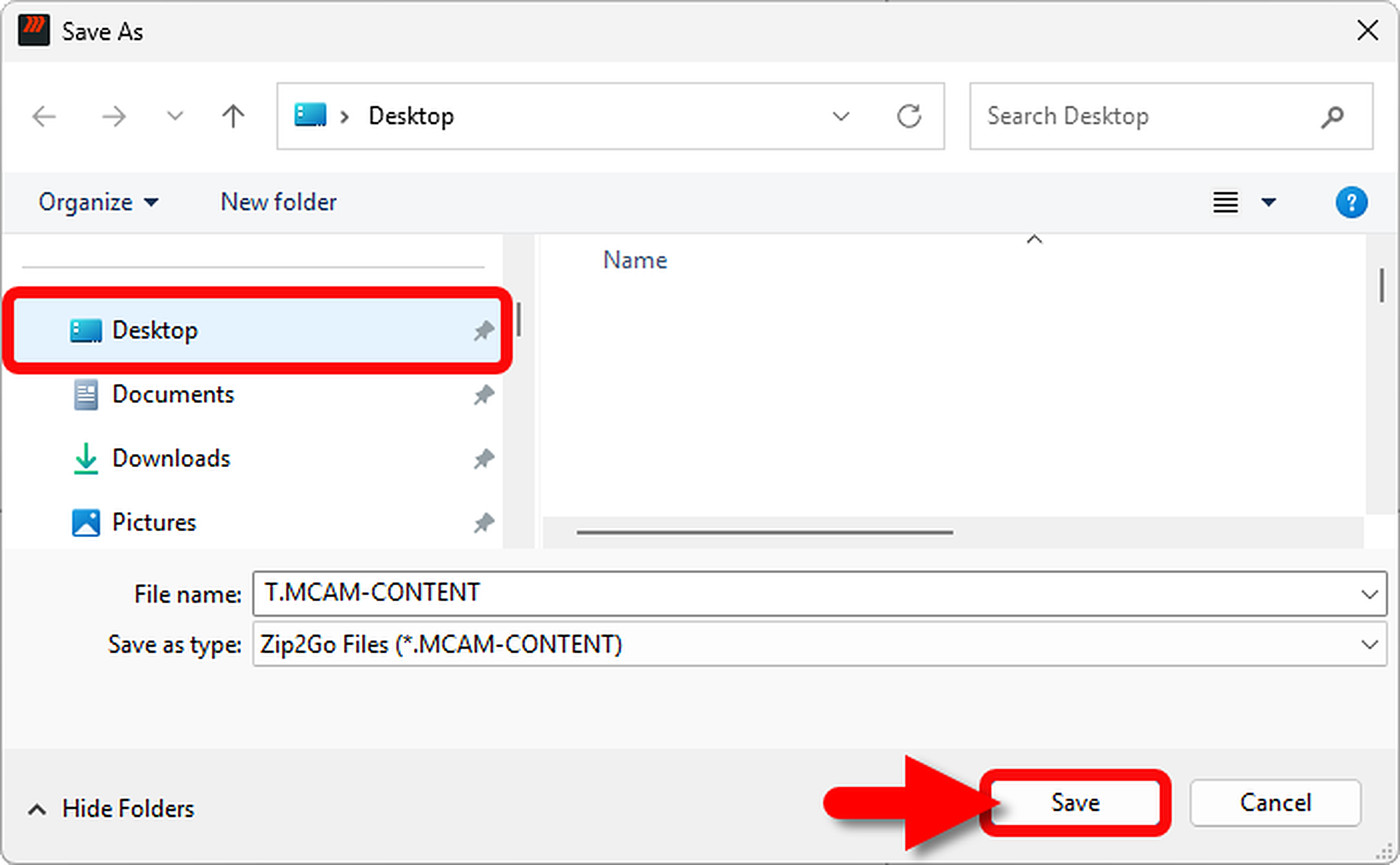 Save the MCAM-CONTENT file to a familiar location